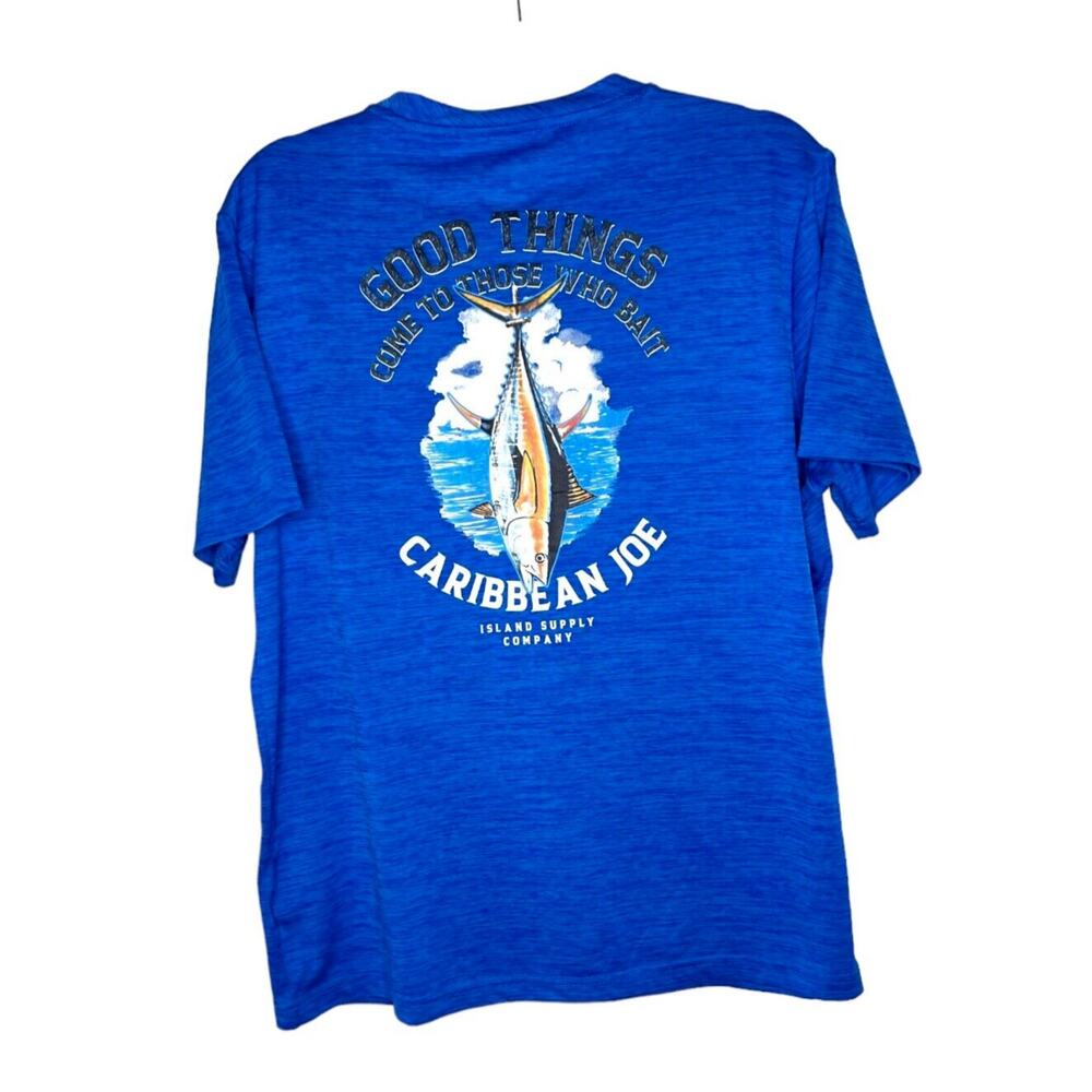 Caribbean Joe Blue Graphic Fish Men's Sz M Short Sleeve Poly Excellent Condition
